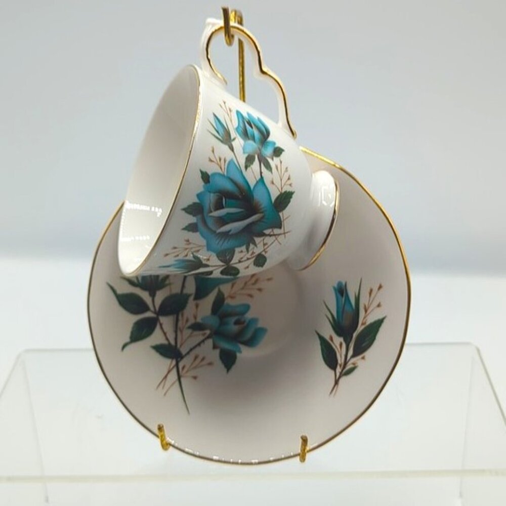 Royal Vale Teacup & Saucer Fine Bone China Made in England Floral Gold Trim